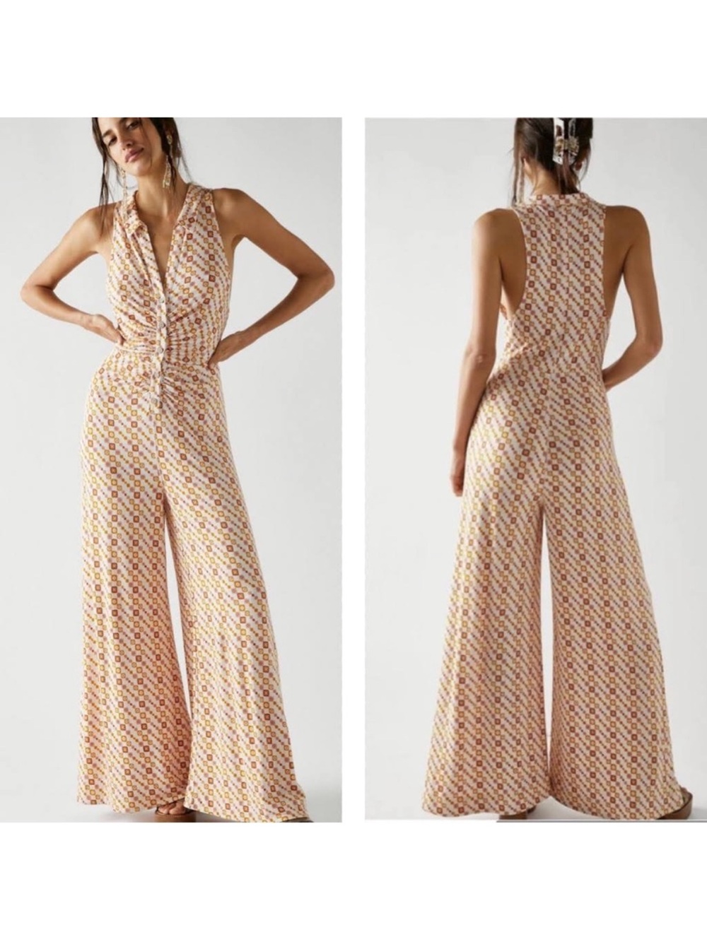 Free People Sleeveless Wide-Leg Printed Jumpsuit in Cream and Yellow